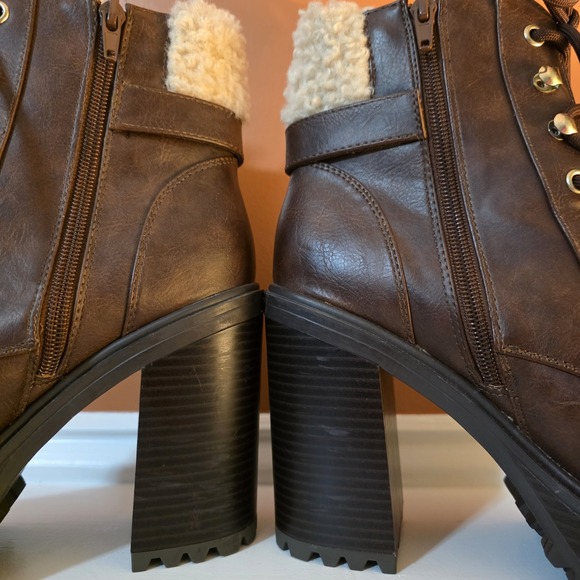 Dark Brown Faux Leather Platform Combat Boots with Shearling Trim and Block Heel - Picture 5 of 16